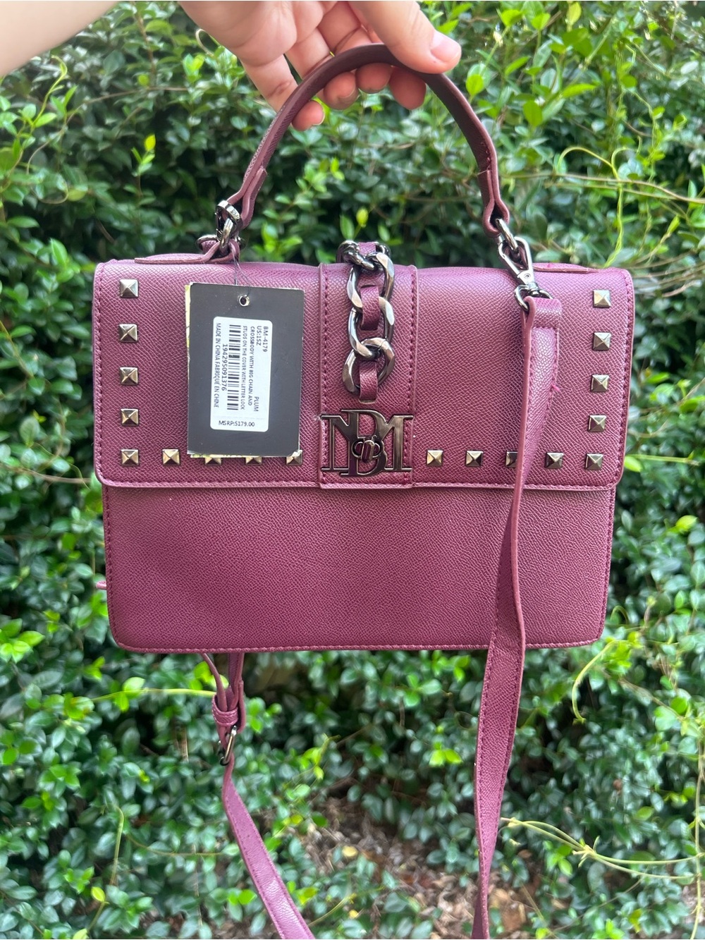 Badgley Mischka Burgundy Studded Satchel Crossbody Top Handle Bag